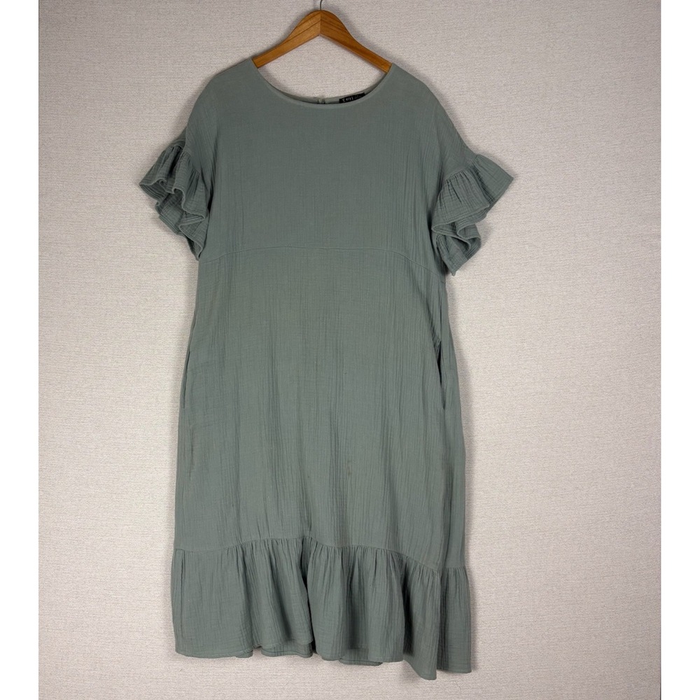 Midi Dress Womens L Sage Green Double Gauze Cotton Ruffle Coastal Resort Pockets